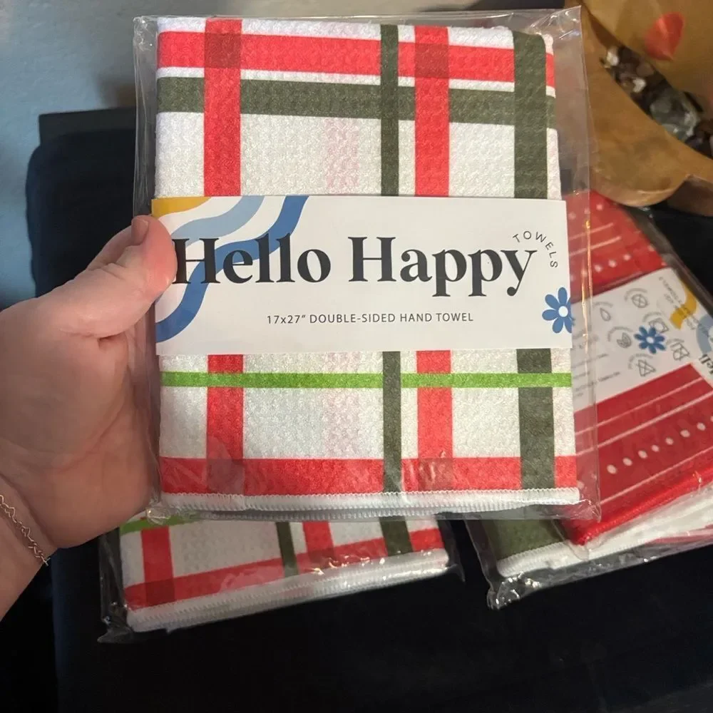 Hello happy towels (6) 17x27” waffle textured kitchen double sided hand towels